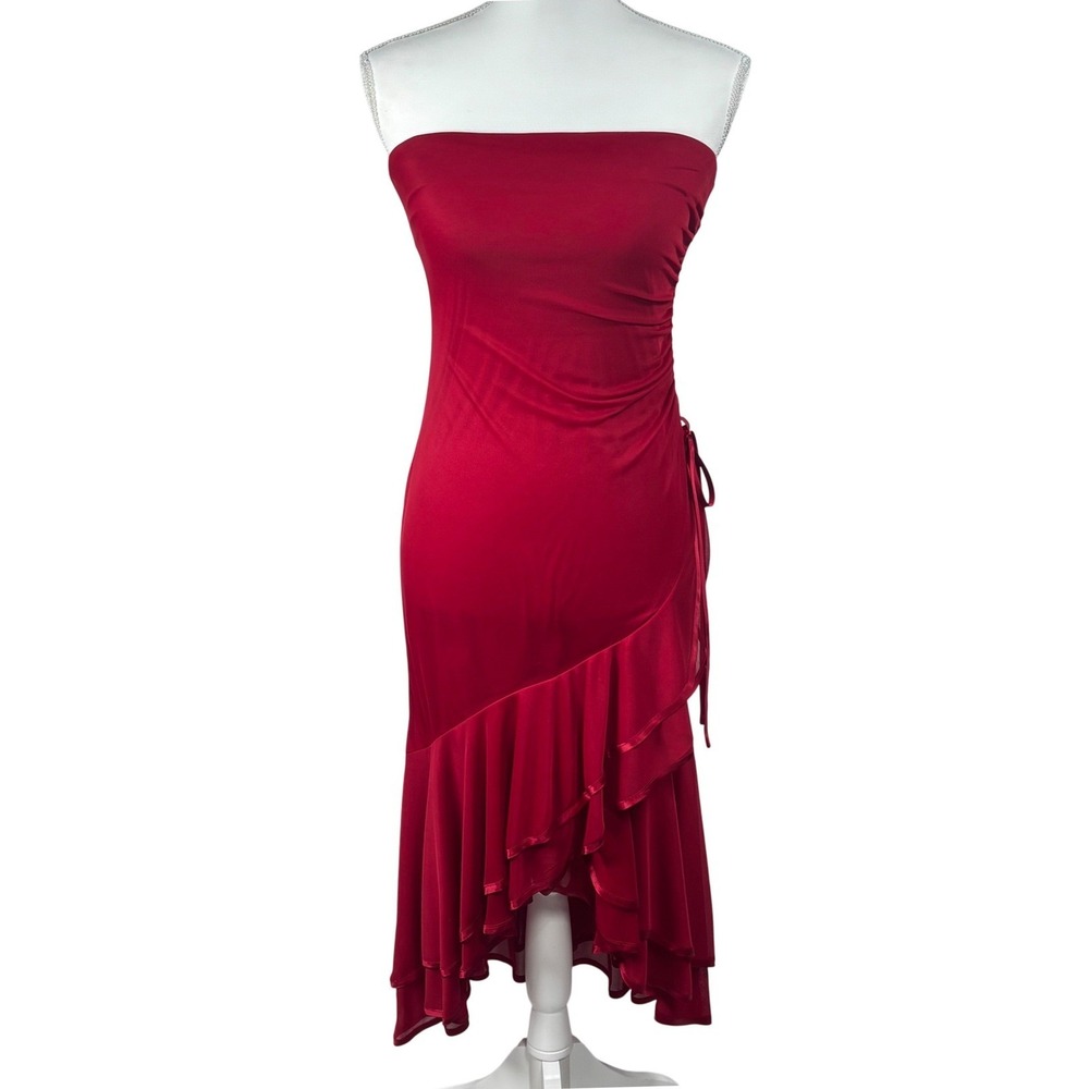 Y2K Asymmetrical Fairy Dress Red Strapless Ruffles Sheer Overlay City Triangle S